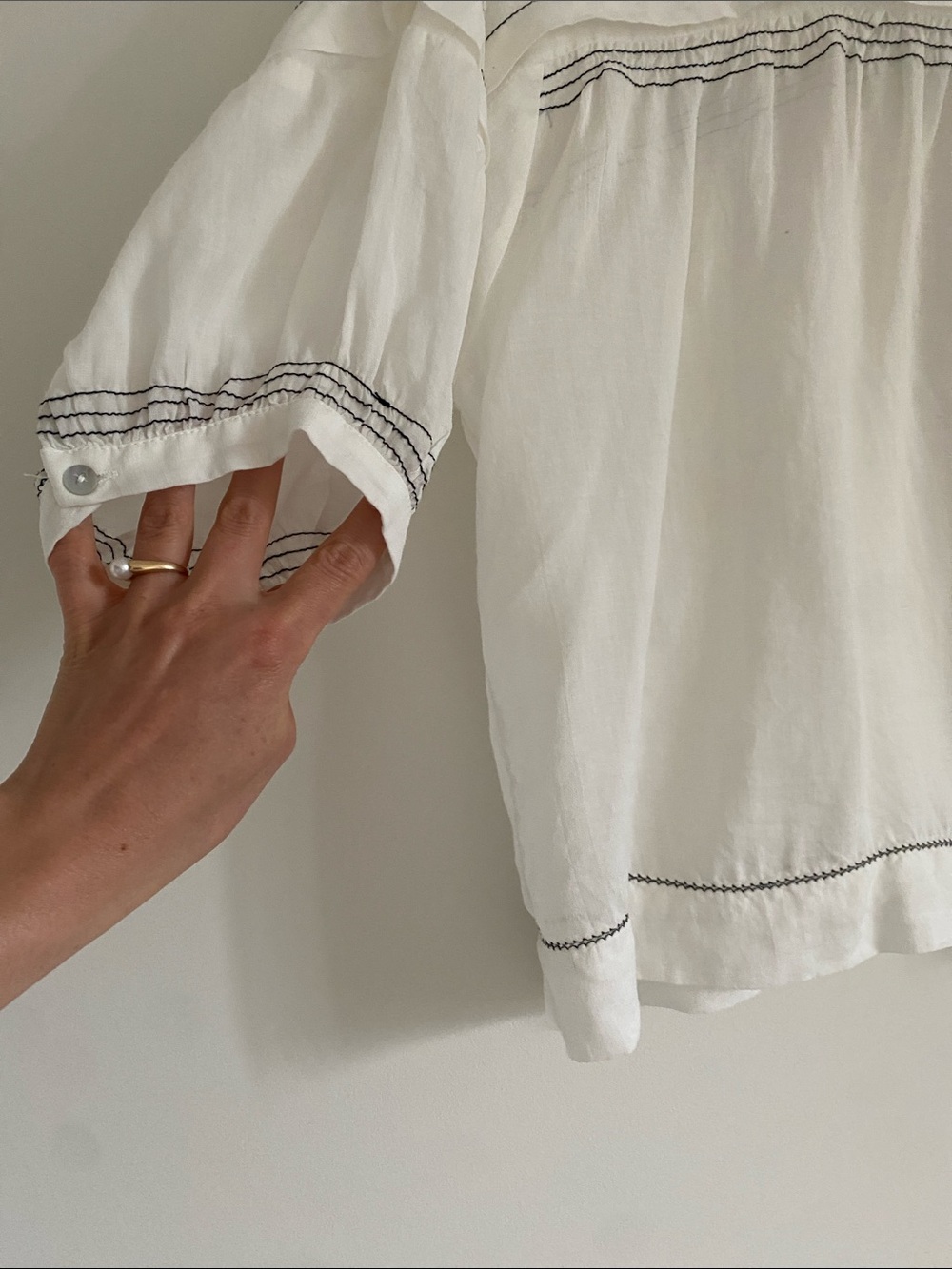 Maeve 100% Ramie White Contrast Stitch Peasant Blouse | XL - Picture 6 of 8